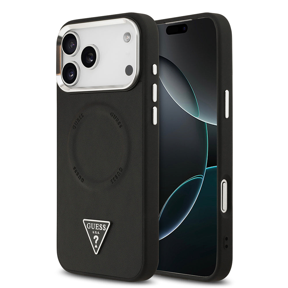 Apple iPhone 17 Pro Kılıf Guess M-safe Şarj Özellikli PU Deri Metal Kamera Çerçeveli Üçgen Logolu Kapak Siyah