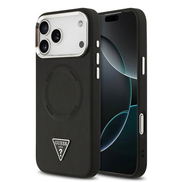 Apple iPhone 17 Pro Kılıf Guess M-safe Şarj Özellikli PU Deri Metal Kamera Çerçeveli Üçgen Logolu Kapak Siyah
