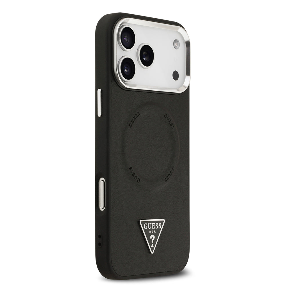Apple iPhone 17 Pro Kılıf Guess M-safe Şarj Özellikli PU Deri Metal Kamera Çerçeveli Üçgen Logolu Kapak Siyah