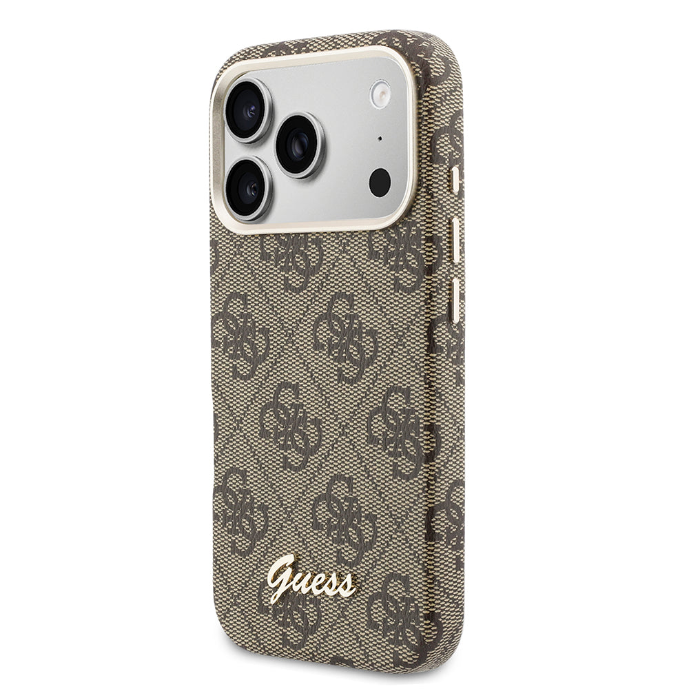 Apple iPhone 17 Pro Kılıf Guess M-safe Şarj Özellikli Script Yazı Logolu 4G Desenli Kapak Kahverengi