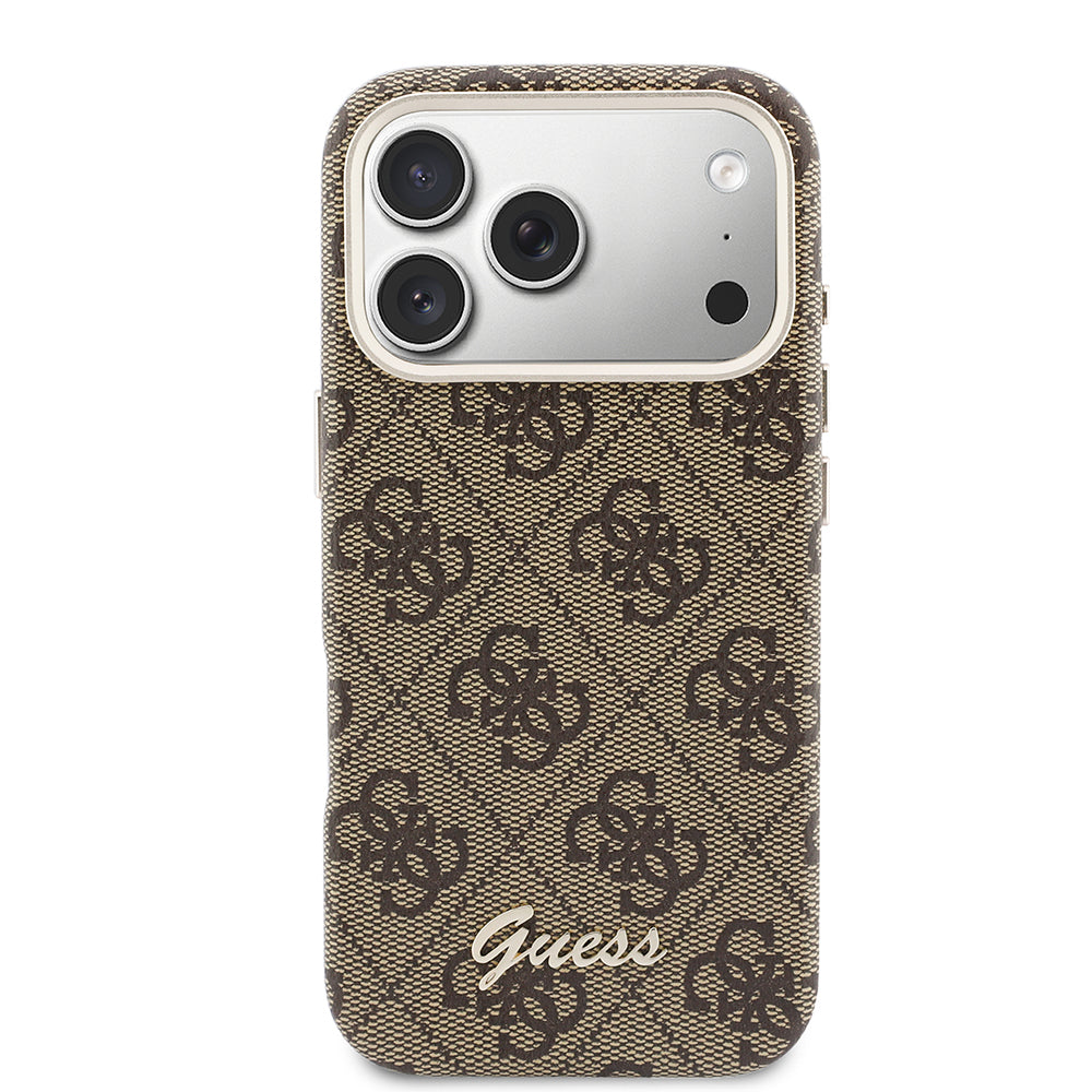 Apple iPhone 17 Pro Kılıf Guess M-safe Şarj Özellikli Script Yazı Logolu 4G Desenli Kapak Kahverengi