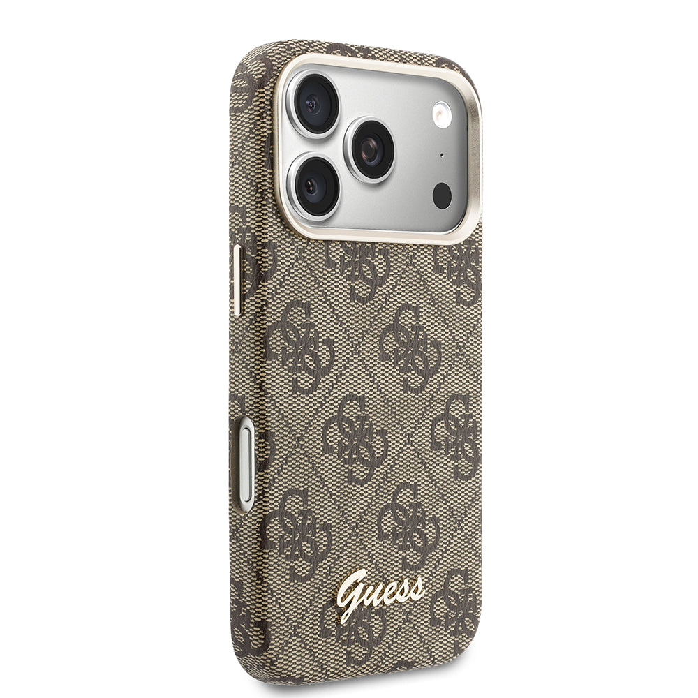 Apple iPhone 17 Pro Kılıf Guess M-safe Şarj Özellikli Script Yazı Logolu 4G Desenli Kapak Kahverengi