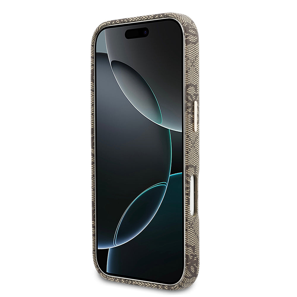 Apple iPhone 17 Pro Kılıf Guess M-safe Şarj Özellikli Script Yazı Logolu 4G Desenli Kapak Kahverengi