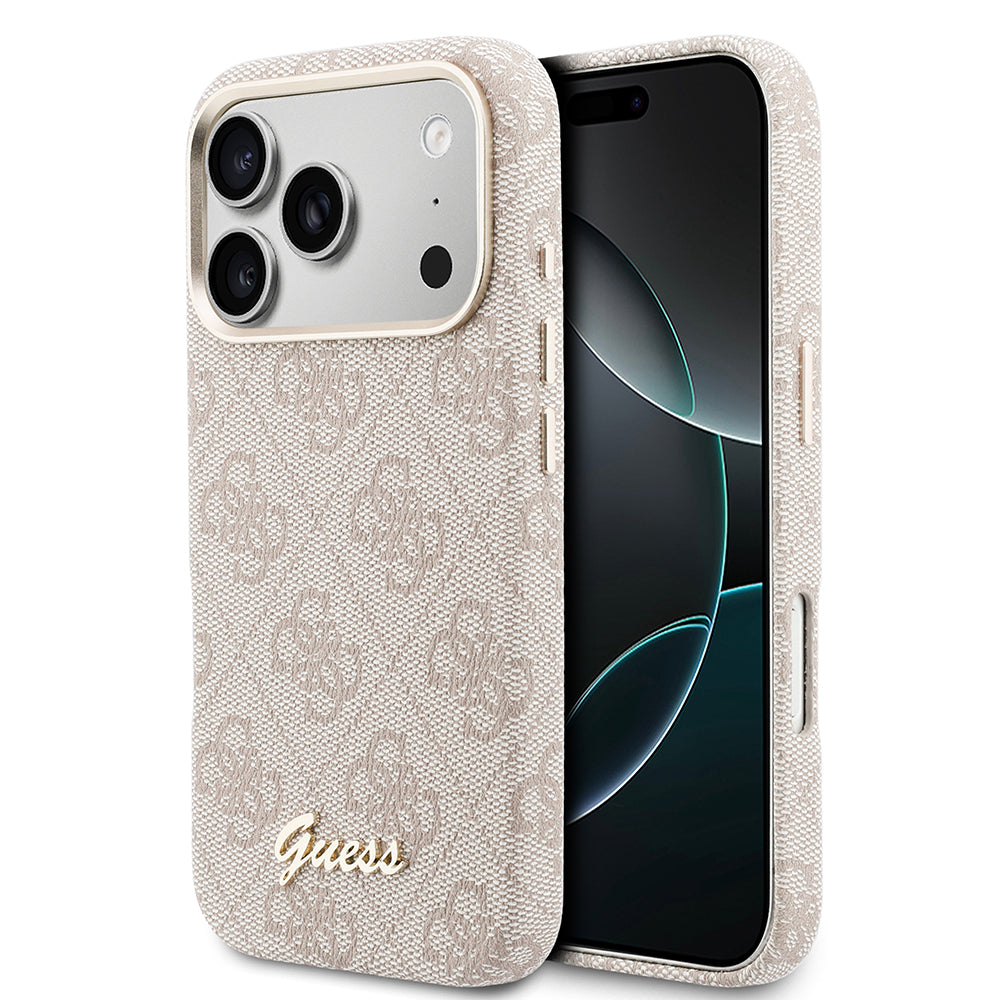 Apple iPhone 17 Pro Kılıf Guess M-safe Şarj Özellikli Script Yazı Logolu 4G Desenli Kapak Pembe