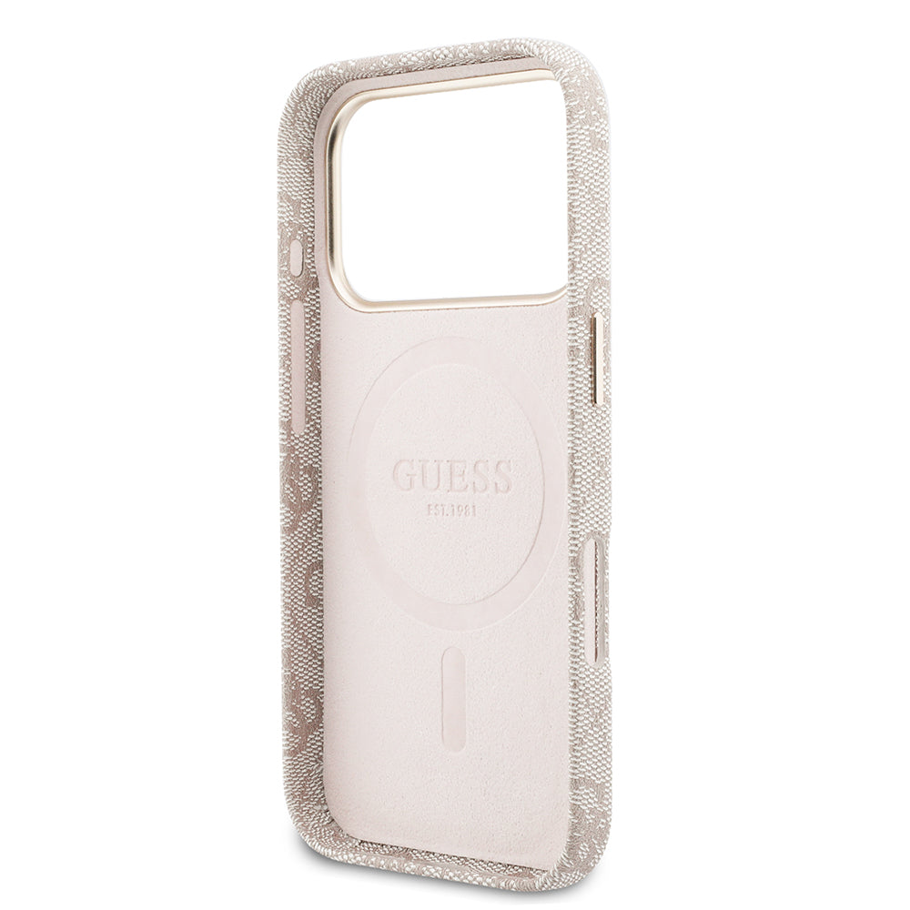 Apple iPhone 17 Pro Kılıf Guess M-safe Şarj Özellikli Script Yazı Logolu 4G Desenli Kapak Pembe