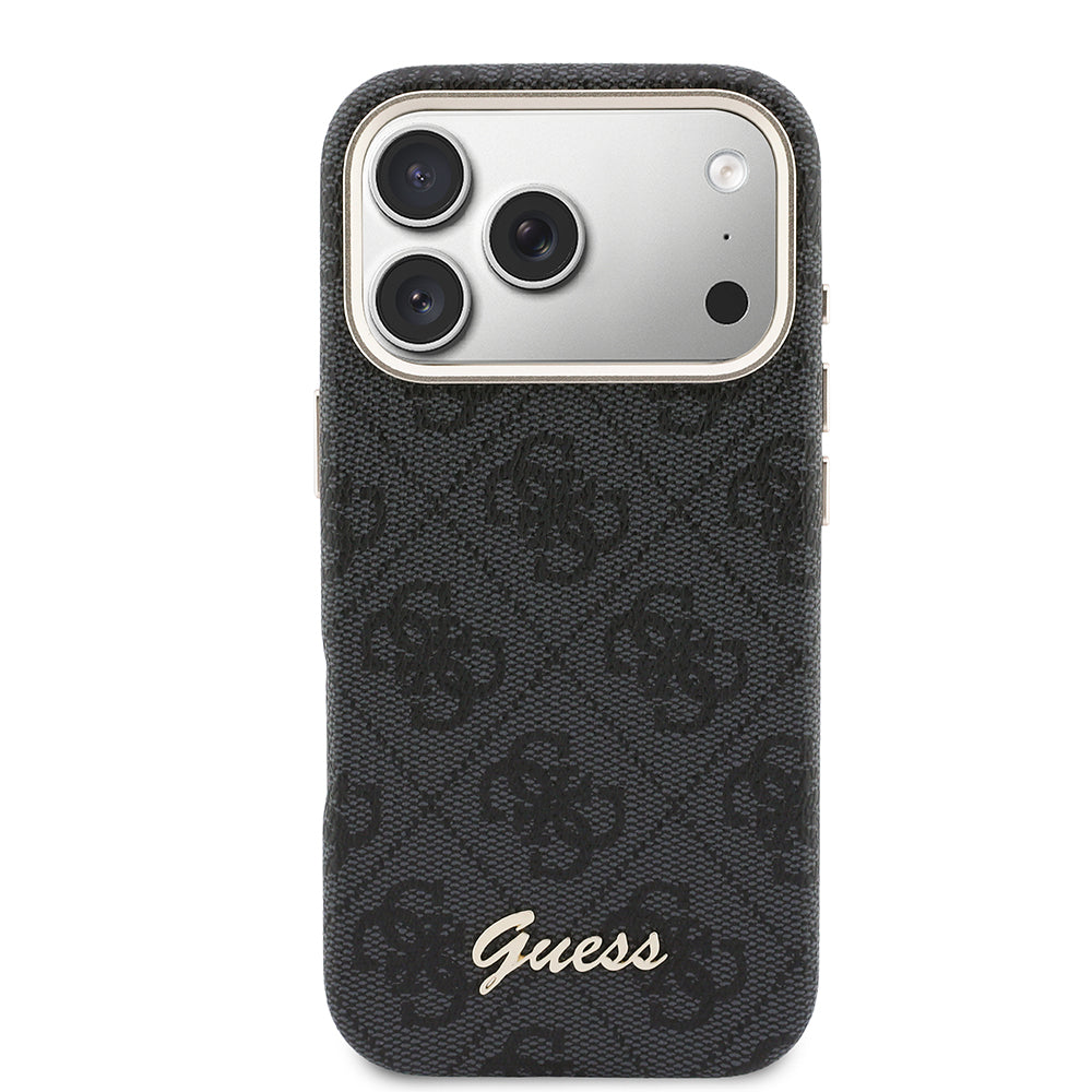 Apple iPhone 17 Pro Kılıf Guess M-safe Şarj Özellikli Script Yazı Logolu 4G Desenli Kapak Siyah