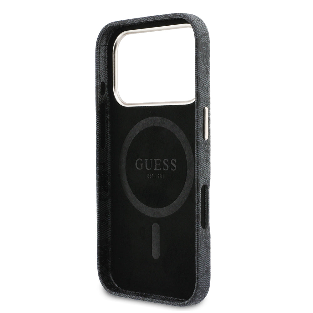 Apple iPhone 17 Pro Kılıf Guess M-safe Şarj Özellikli Script Yazı Logolu 4G Desenli Kapak Siyah