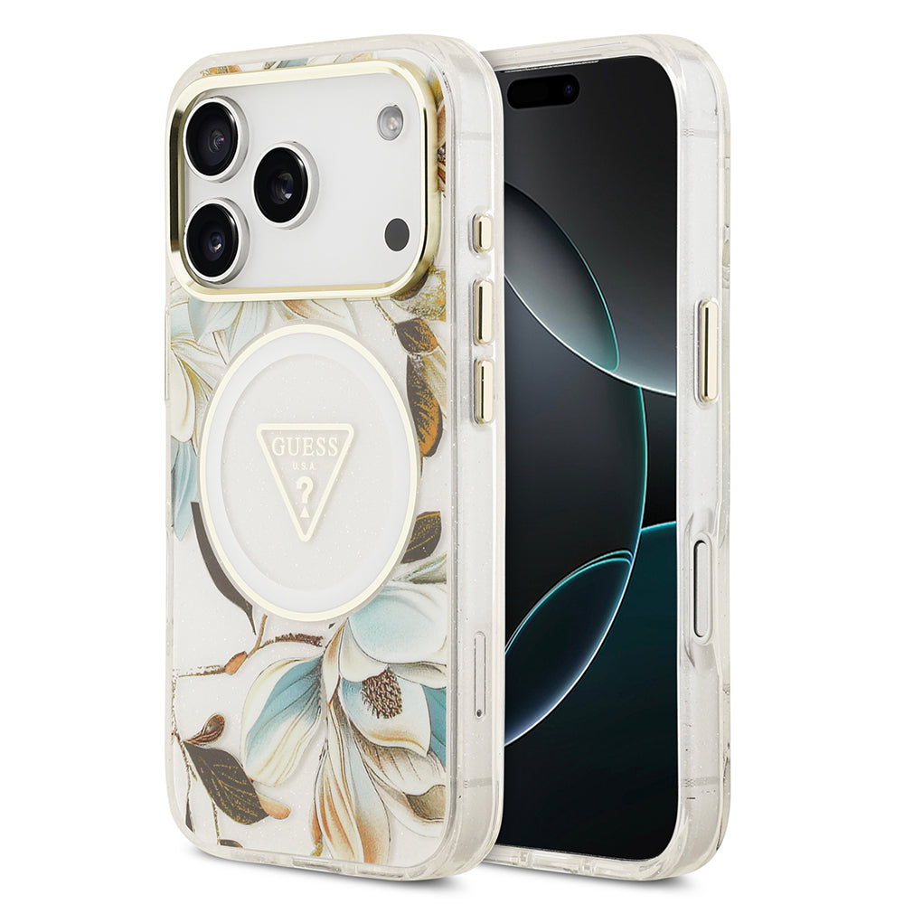 Apple iPhone 17 Pro Kılıf Guess M-safe Şarj Özellikli Simli Çiçek Desenli Üçgen Logolu Kapak Beyaz