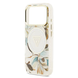 Apple iPhone 17 Pro Kılıf Guess M-safe Şarj Özellikli Simli Çiçek Desenli Üçgen Logolu Kapak Beyaz