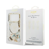 Apple iPhone 17 Pro Kılıf Guess M-safe Şarj Özellikli Simli Çiçek Desenli Üçgen Logolu Kapak Beyaz