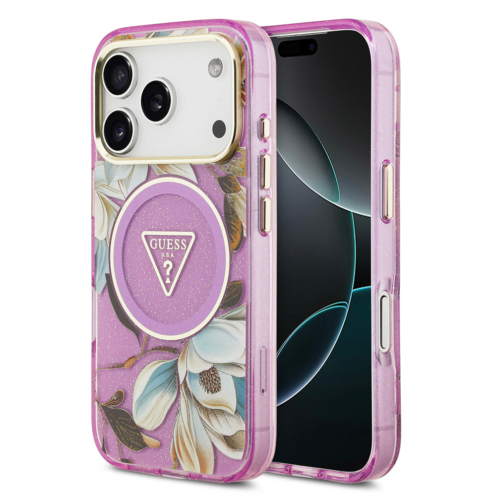 Apple iPhone 17 Pro Kılıf Guess M-safe Şarj Özellikli Simli Çiçek Desenli Üçgen Logolu Kapak Mor