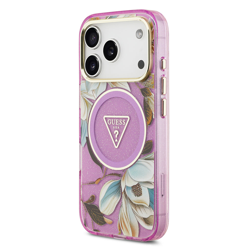 Apple iPhone 17 Pro Kılıf Guess M-safe Şarj Özellikli Simli Çiçek Desenli Üçgen Logolu Kapak Mor