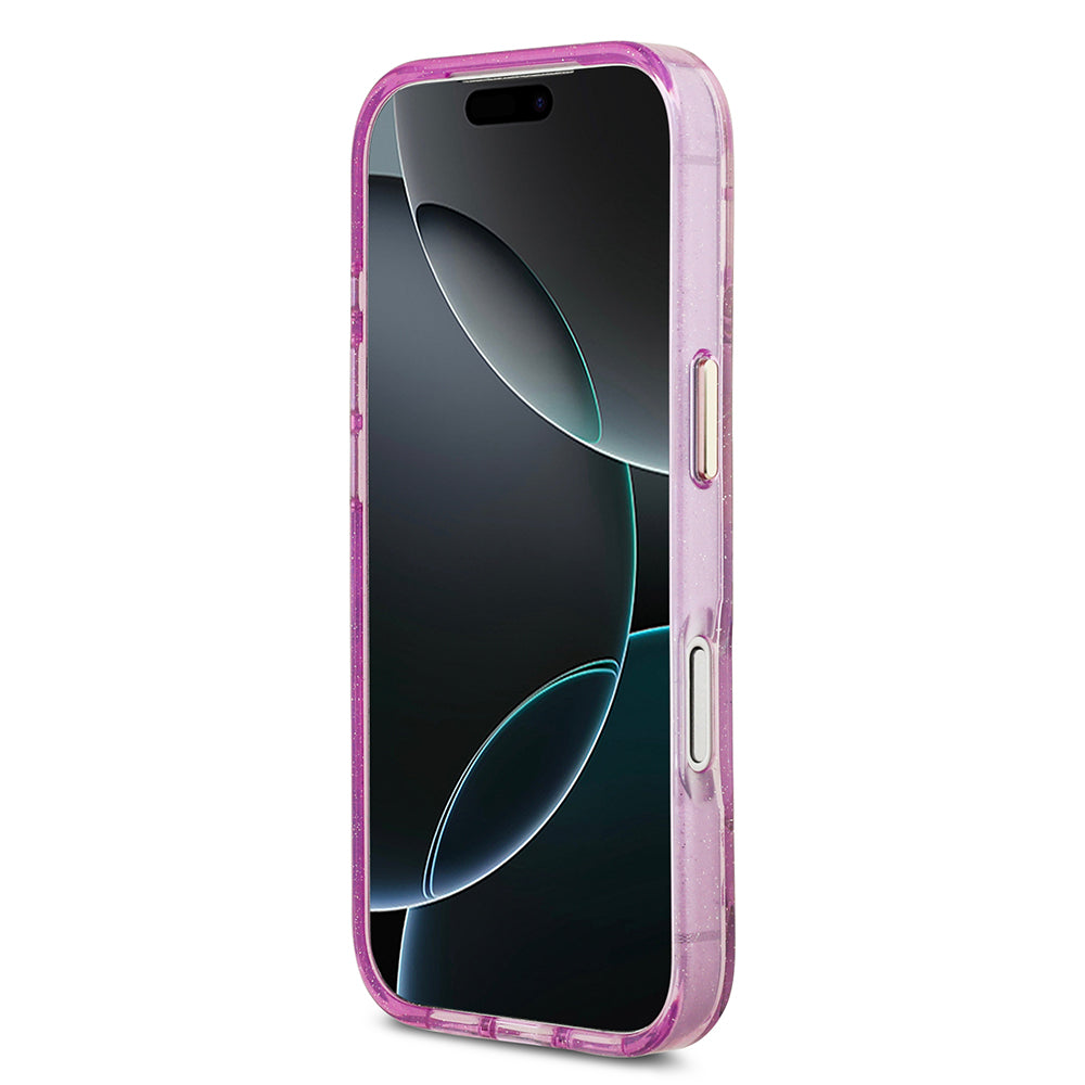 Apple iPhone 17 Pro Kılıf Guess M-safe Şarj Özellikli Simli Çiçek Desenli Üçgen Logolu Kapak Mor