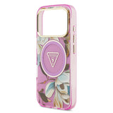 Apple iPhone 17 Pro Kılıf Guess M-safe Şarj Özellikli Simli Çiçek Desenli Üçgen Logolu Kapak Mor