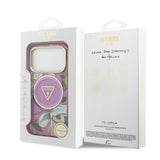 Apple iPhone 17 Pro Kılıf Guess M-safe Şarj Özellikli Simli Çiçek Desenli Üçgen Logolu Kapak Mor