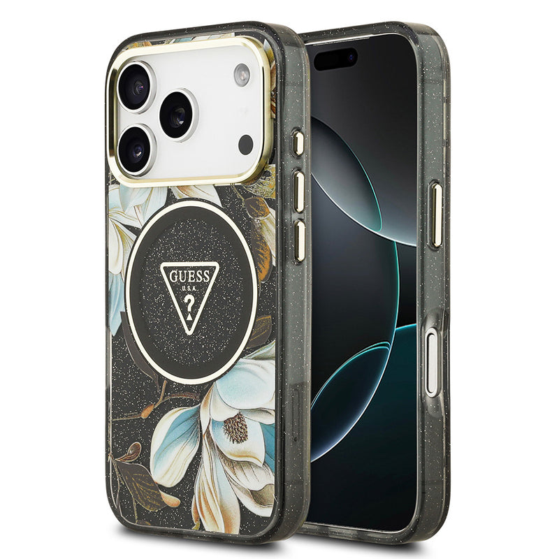 Apple iPhone 17 Pro Kılıf Guess M-safe Şarj Özellikli Simli Çiçek Desenli Üçgen Logolu Kapak Siyah