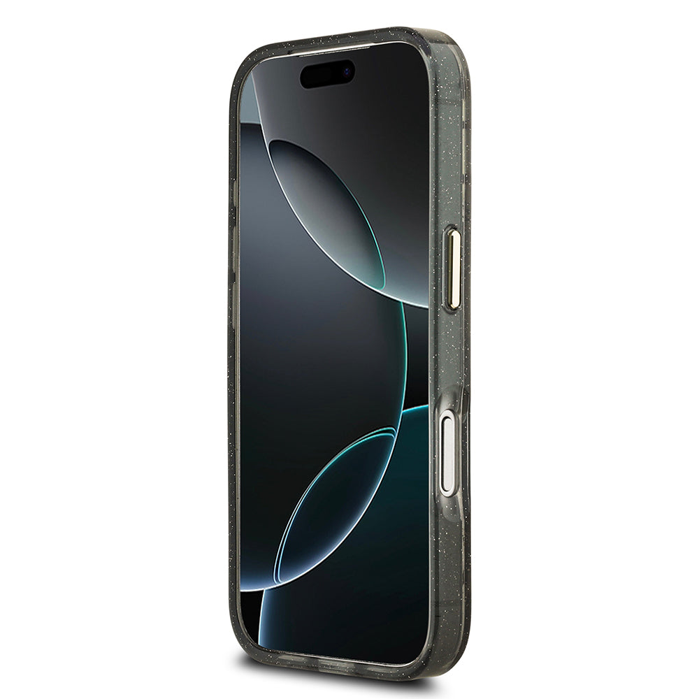 Apple iPhone 17 Pro Kılıf Guess M-safe Şarj Özellikli Simli Çiçek Desenli Üçgen Logolu Kapak Siyah