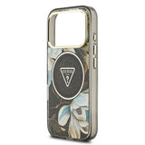 Apple iPhone 17 Pro Kılıf Guess M-safe Şarj Özellikli Simli Çiçek Desenli Üçgen Logolu Kapak Siyah