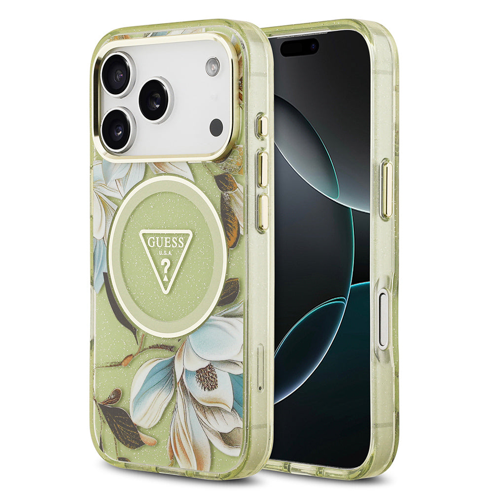 Apple iPhone 17 Pro Kılıf Guess M-safe Şarj Özellikli Simli Çiçek Desenli Üçgen Logolu Kapak Yeşil
