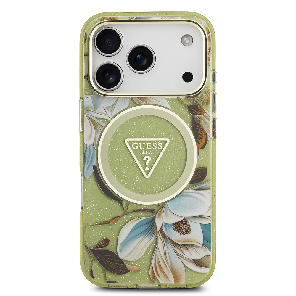 Apple iPhone 17 Pro Kılıf Guess M-safe Şarj Özellikli Simli Çiçek Desenli Üçgen Logolu Kapak Yeşil