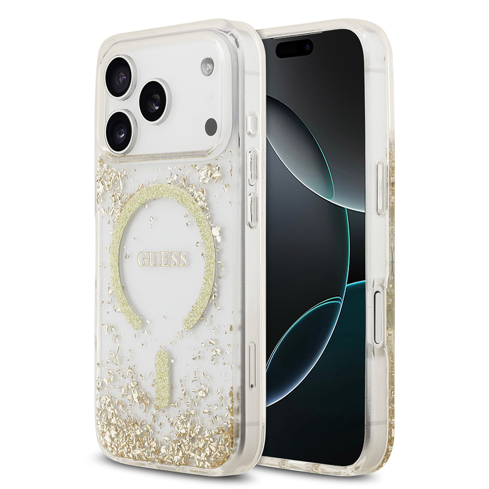 Apple iPhone 17 Pro Kılıf Guess M-safe Şarj Özellikli Transparan Resin Bottom Pullu Kapak Gold