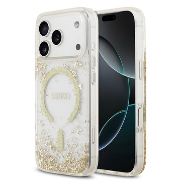 Apple iPhone 17 Pro Kılıf Guess M-safe Şarj Özellikli Transparan Resin Bottom Pullu Kapak Gold