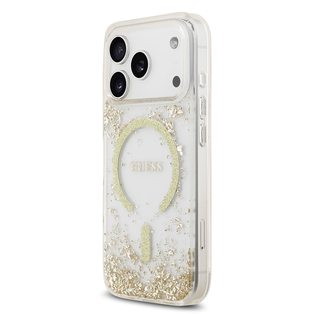 Apple iPhone 17 Pro Kılıf Guess M-safe Şarj Özellikli Transparan Resin Bottom Pullu Kapak Gold