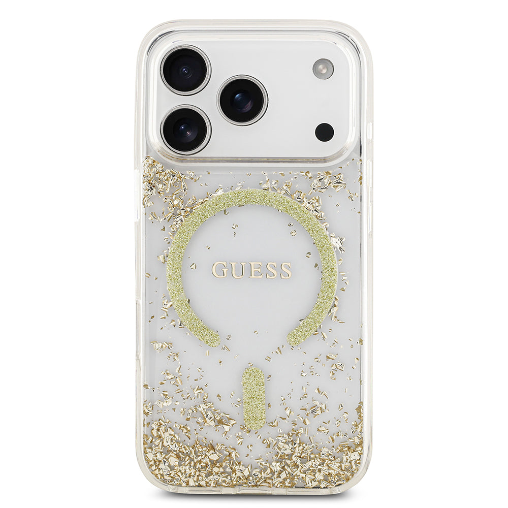 Apple iPhone 17 Pro Kılıf Guess M-safe Şarj Özellikli Transparan Resin Bottom Pullu Kapak Gold
