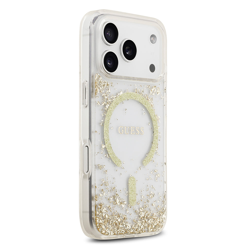 Apple iPhone 17 Pro Kılıf Guess M-safe Şarj Özellikli Transparan Resin Bottom Pullu Kapak Gold