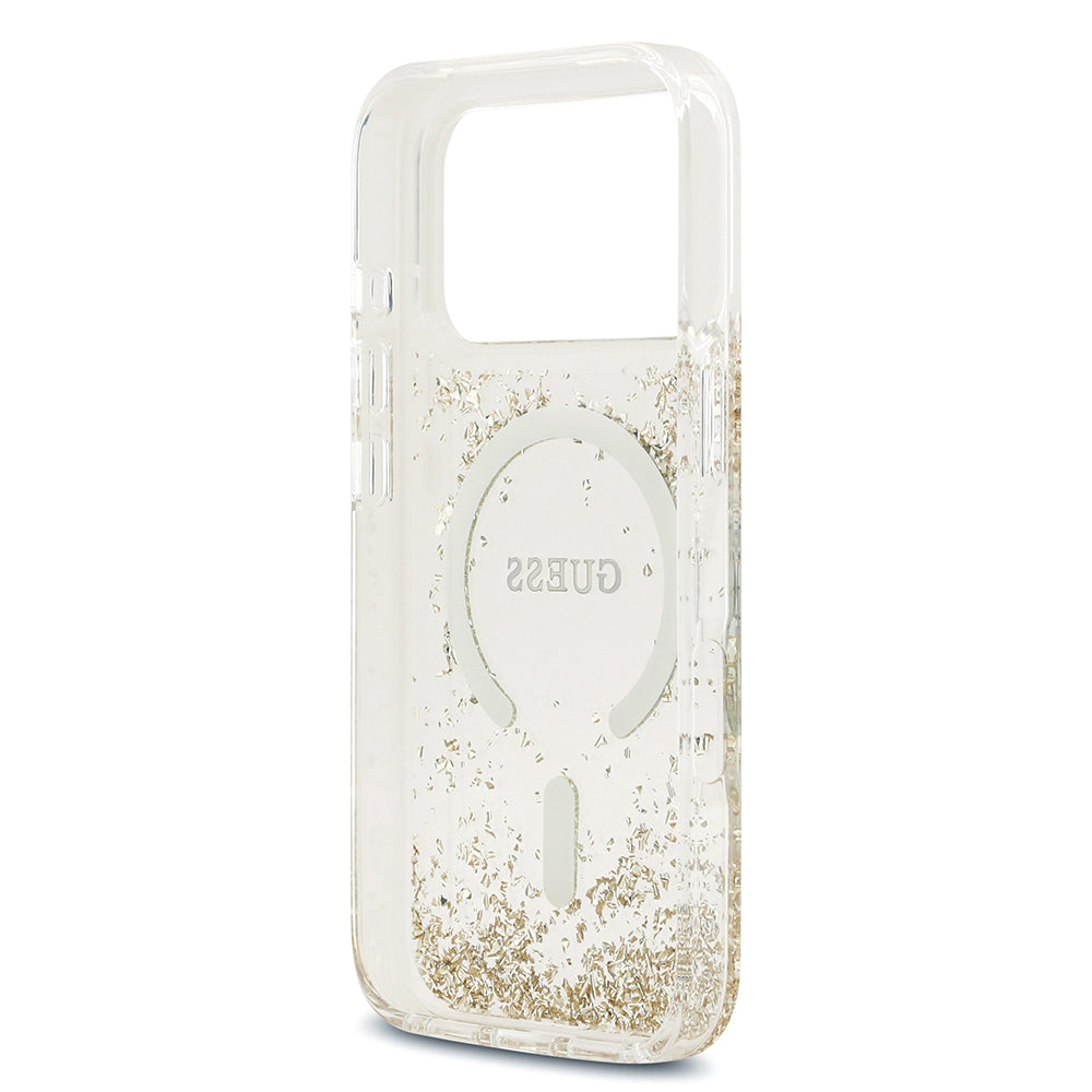 Apple iPhone 17 Pro Kılıf Guess M-safe Şarj Özellikli Transparan Resin Bottom Pullu Kapak Gold