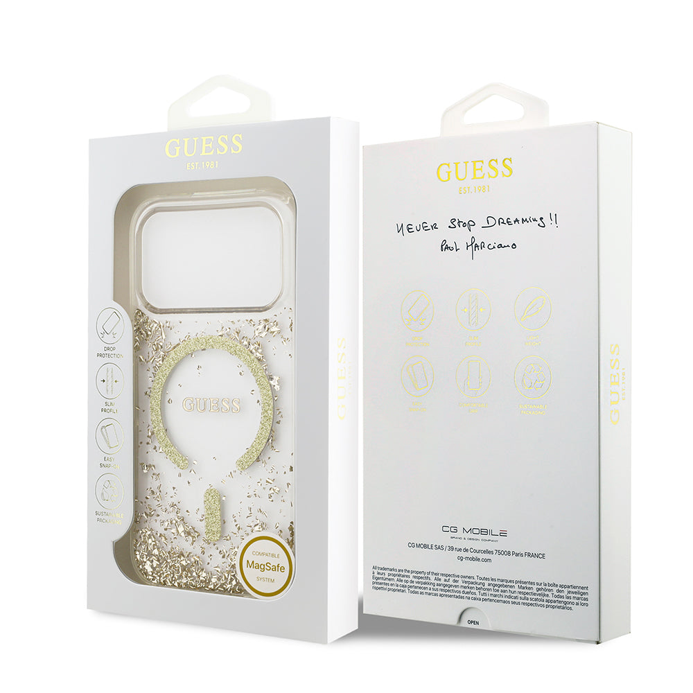 Apple iPhone 17 Pro Kılıf Guess M-safe Şarj Özellikli Transparan Resin Bottom Pullu Kapak Gold