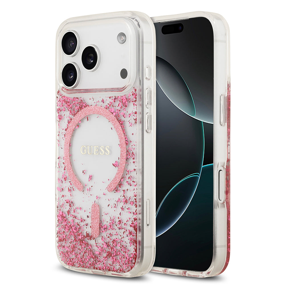 Apple iPhone 17 Pro Kılıf Guess M-safe Şarj Özellikli Transparan Resin Bottom Pullu Kapak Pembe