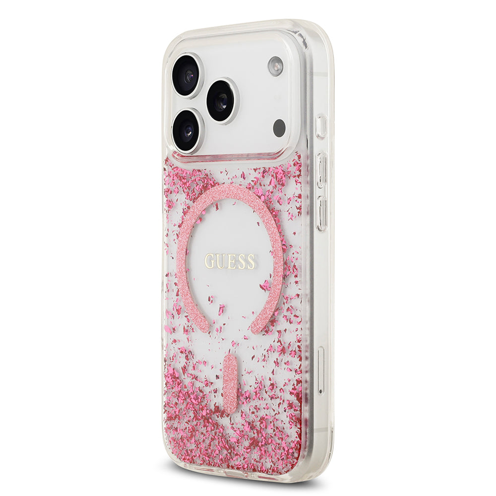 Apple iPhone 17 Pro Kılıf Guess M-safe Şarj Özellikli Transparan Resin Bottom Pullu Kapak Pembe