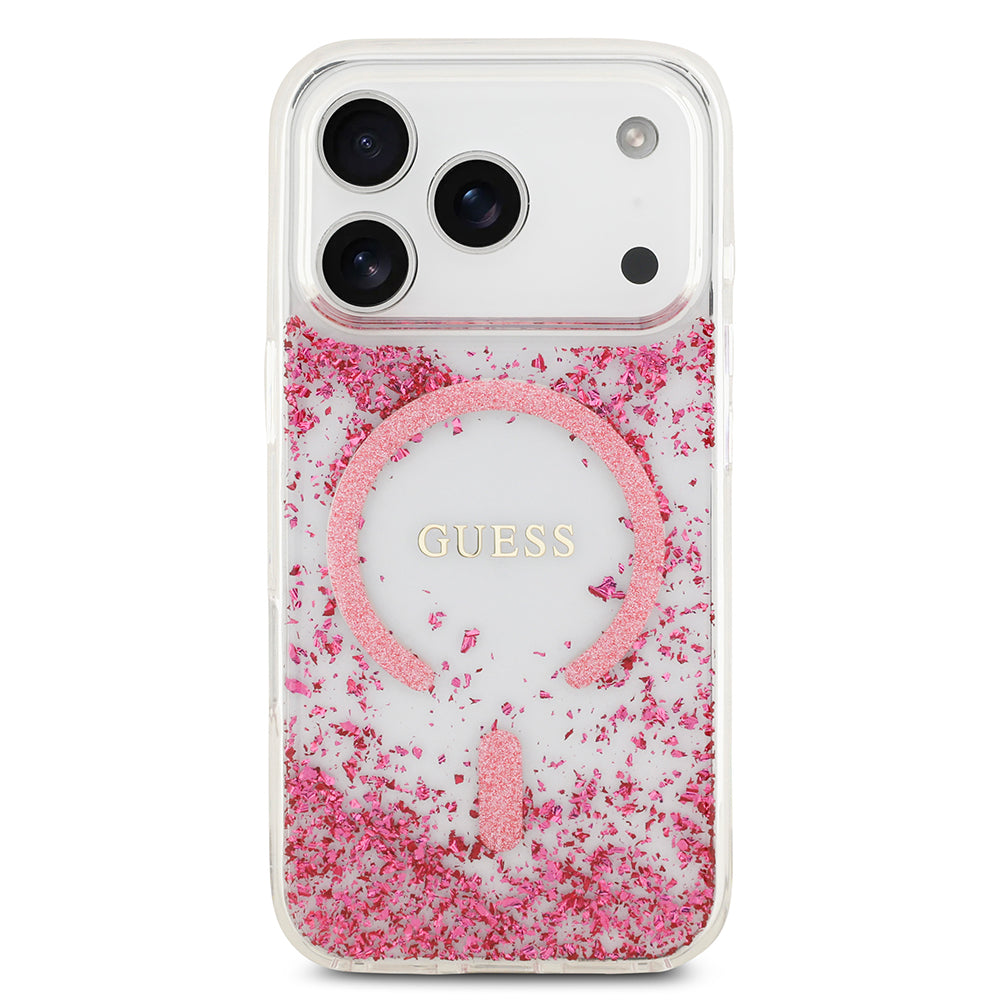 Apple iPhone 17 Pro Kılıf Guess M-safe Şarj Özellikli Transparan Resin Bottom Pullu Kapak Pembe
