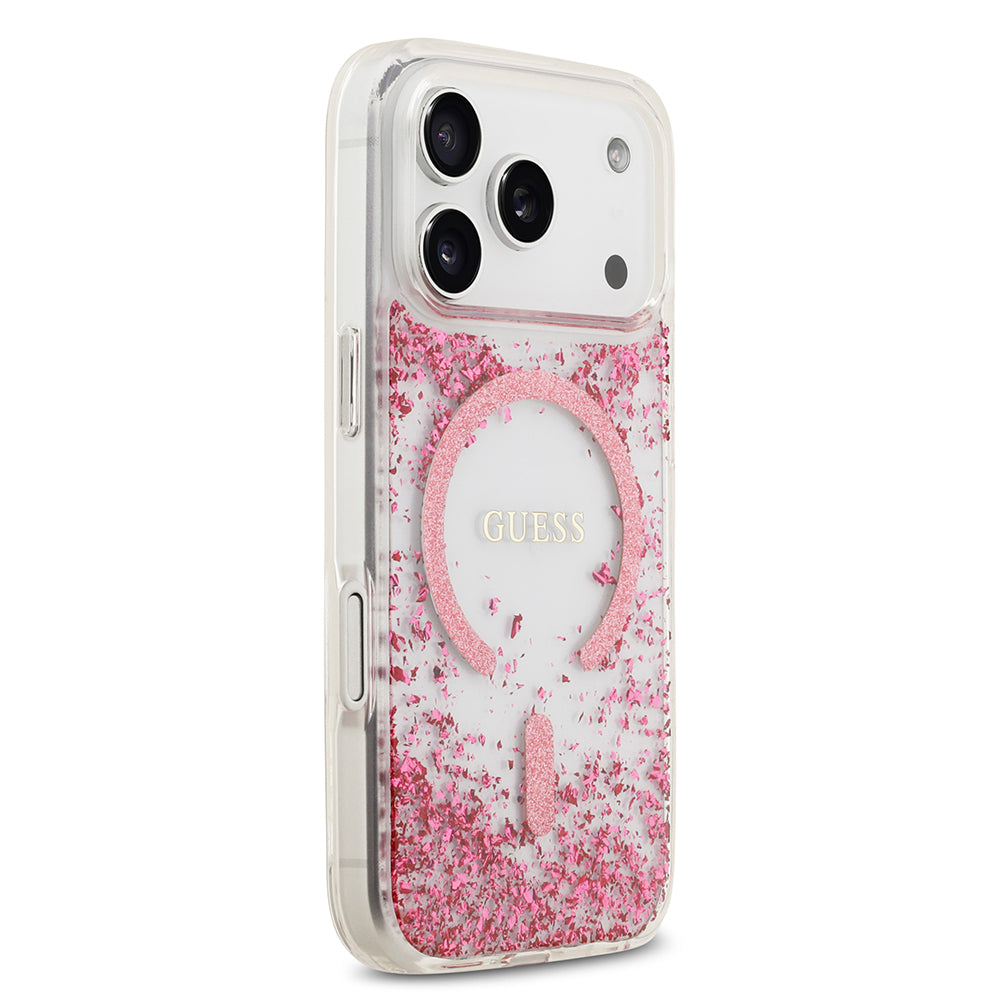 Apple iPhone 17 Pro Kılıf Guess M-safe Şarj Özellikli Transparan Resin Bottom Pullu Kapak Pembe