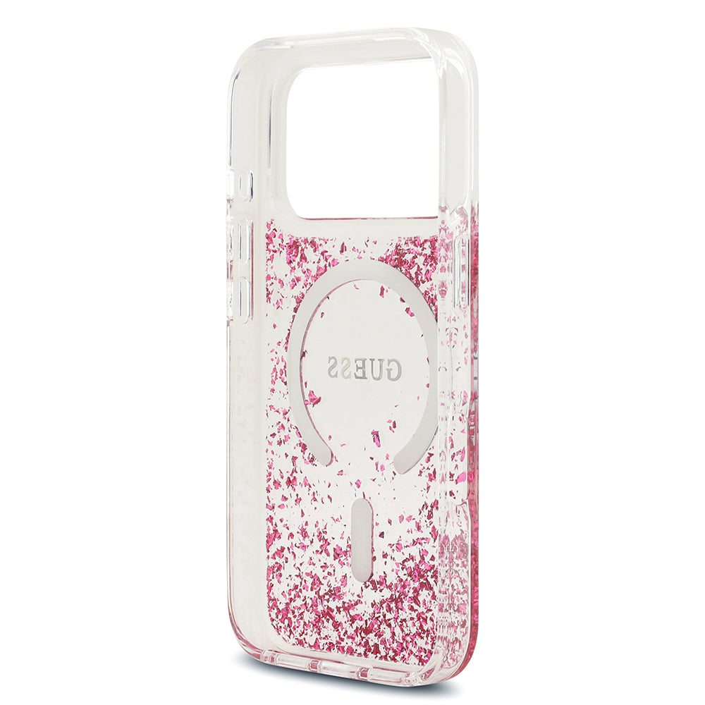 Apple iPhone 17 Pro Kılıf Guess M-safe Şarj Özellikli Transparan Resin Bottom Pullu Kapak Pembe
