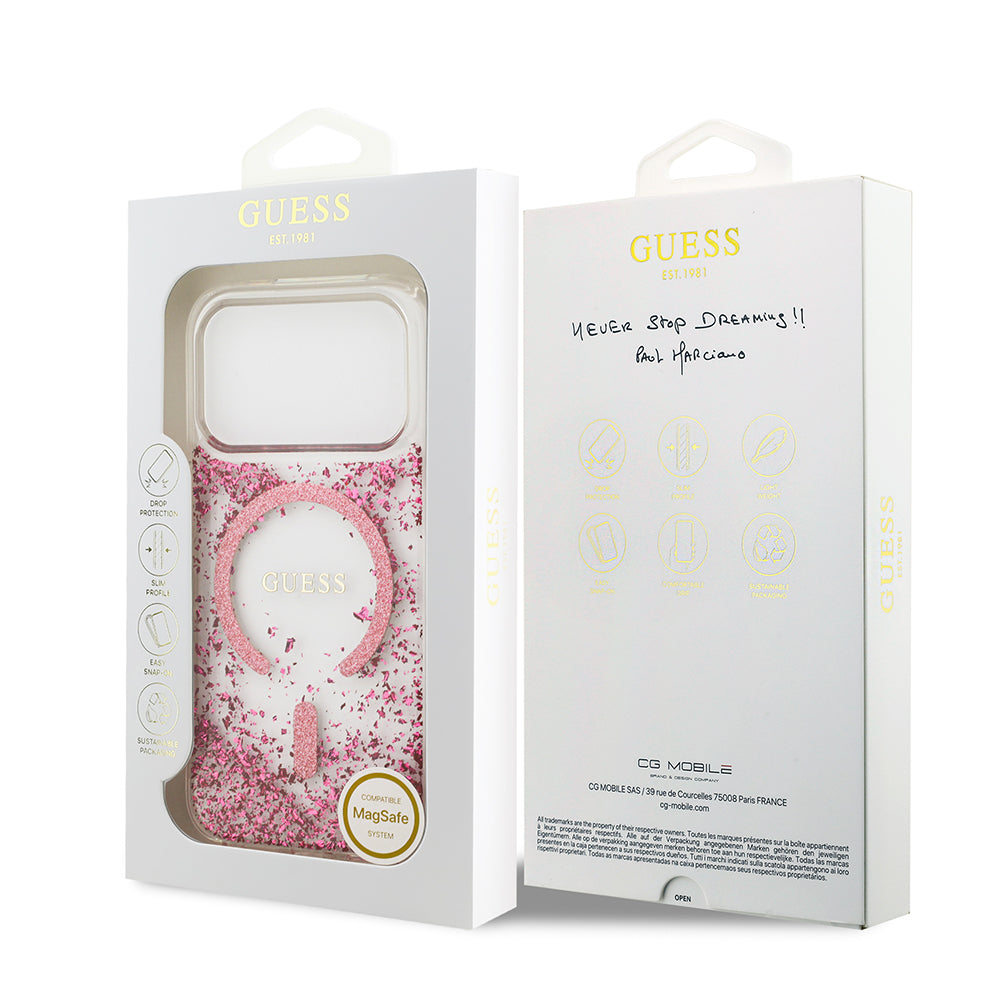 Apple iPhone 17 Pro Kılıf Guess M-safe Şarj Özellikli Transparan Resin Bottom Pullu Kapak Pembe