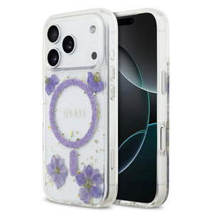 Apple iPhone 17 Pro Kılıf Guess M-safe Şarj Özellikli Transparan Resin Flowers Kapak Mor