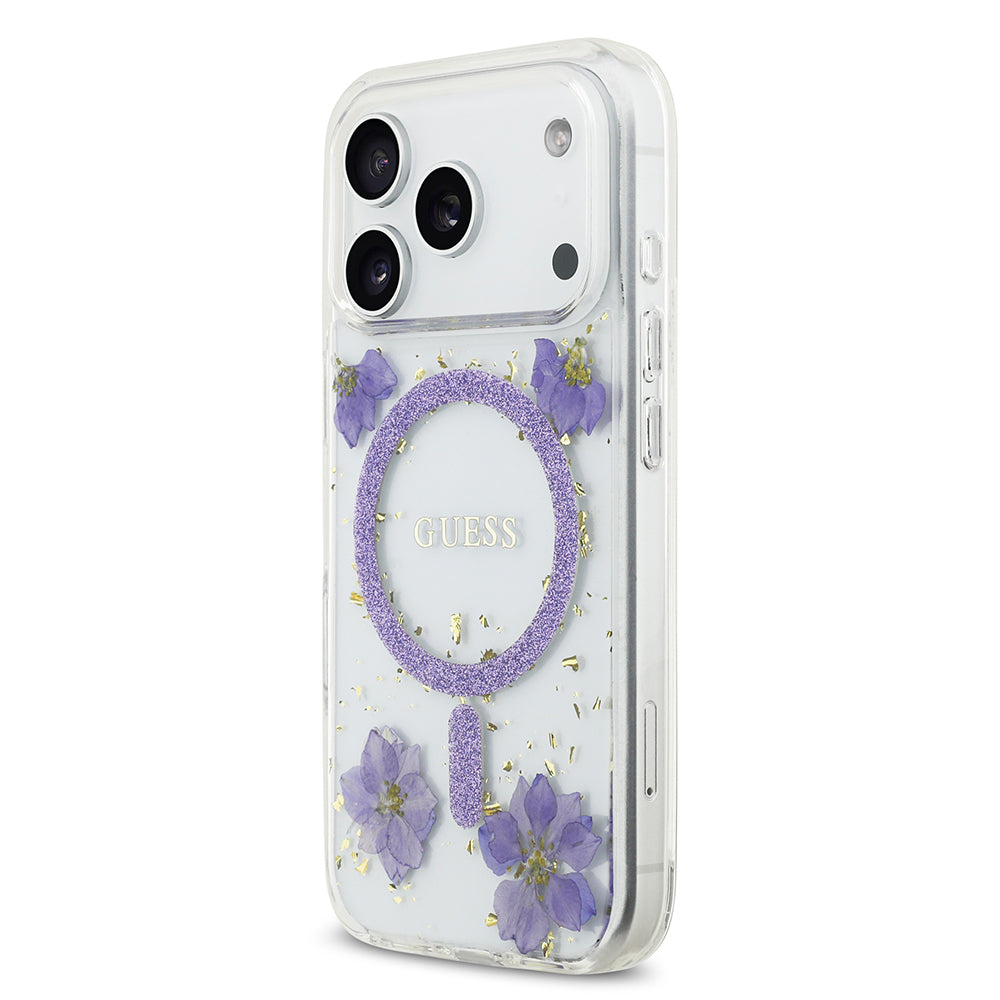 Apple iPhone 17 Pro Kılıf Guess M-safe Şarj Özellikli Transparan Resin Flowers Kapak Mor