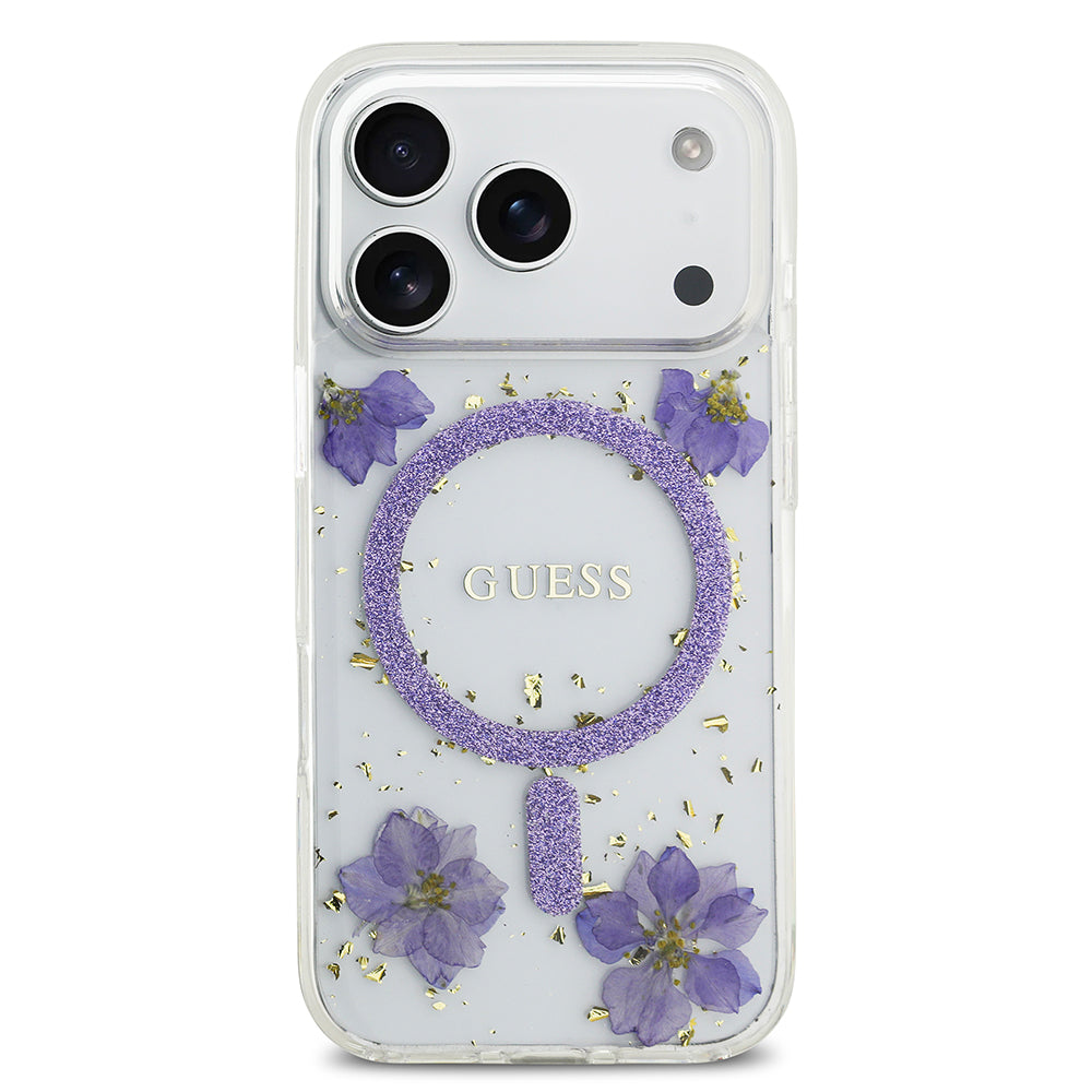 Apple iPhone 17 Pro Kılıf Guess M-safe Şarj Özellikli Transparan Resin Flowers Kapak Mor
