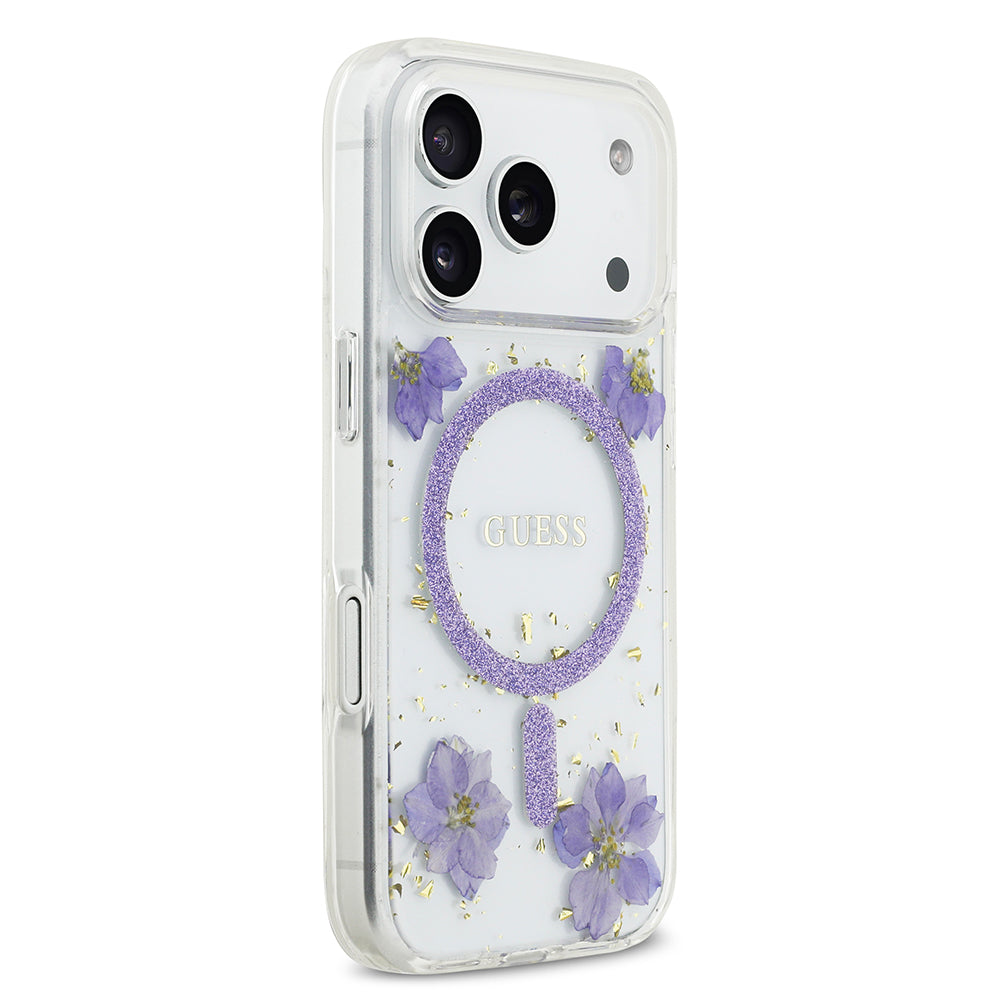 Apple iPhone 17 Pro Kılıf Guess M-safe Şarj Özellikli Transparan Resin Flowers Kapak Mor