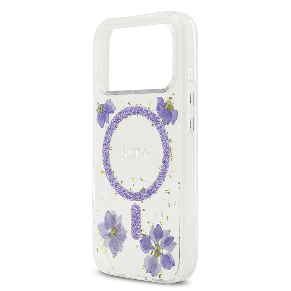Apple iPhone 17 Pro Kılıf Guess M-safe Şarj Özellikli Transparan Resin Flowers Kapak Mor