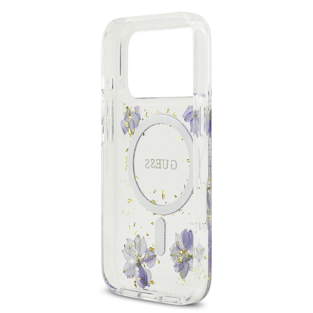 Apple iPhone 17 Pro Kılıf Guess M-safe Şarj Özellikli Transparan Resin Flowers Kapak Mor