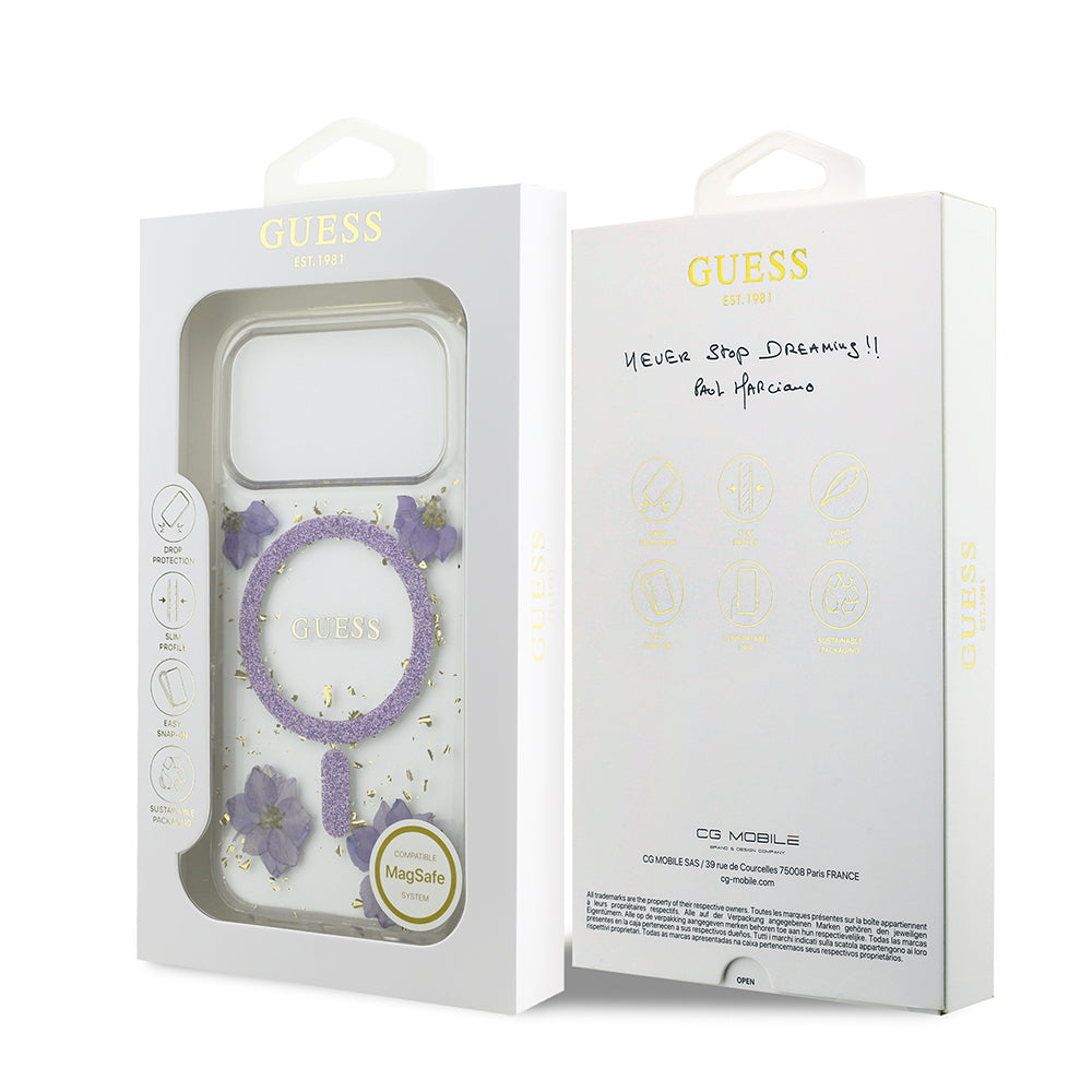 Apple iPhone 17 Pro Kılıf Guess M-safe Şarj Özellikli Transparan Resin Flowers Kapak Mor
