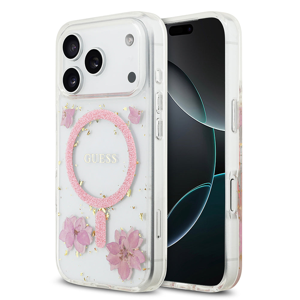 Apple iPhone 17 Pro Kılıf Guess M-safe Şarj Özellikli Transparan Resin Flowers Kapak Pembe