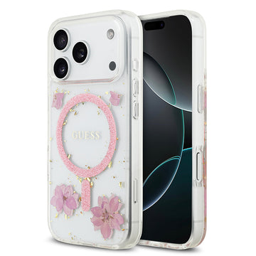 Apple iPhone 17 Pro Kılıf Guess M-safe Şarj Özellikli Transparan Resin Flowers Kapak Pembe