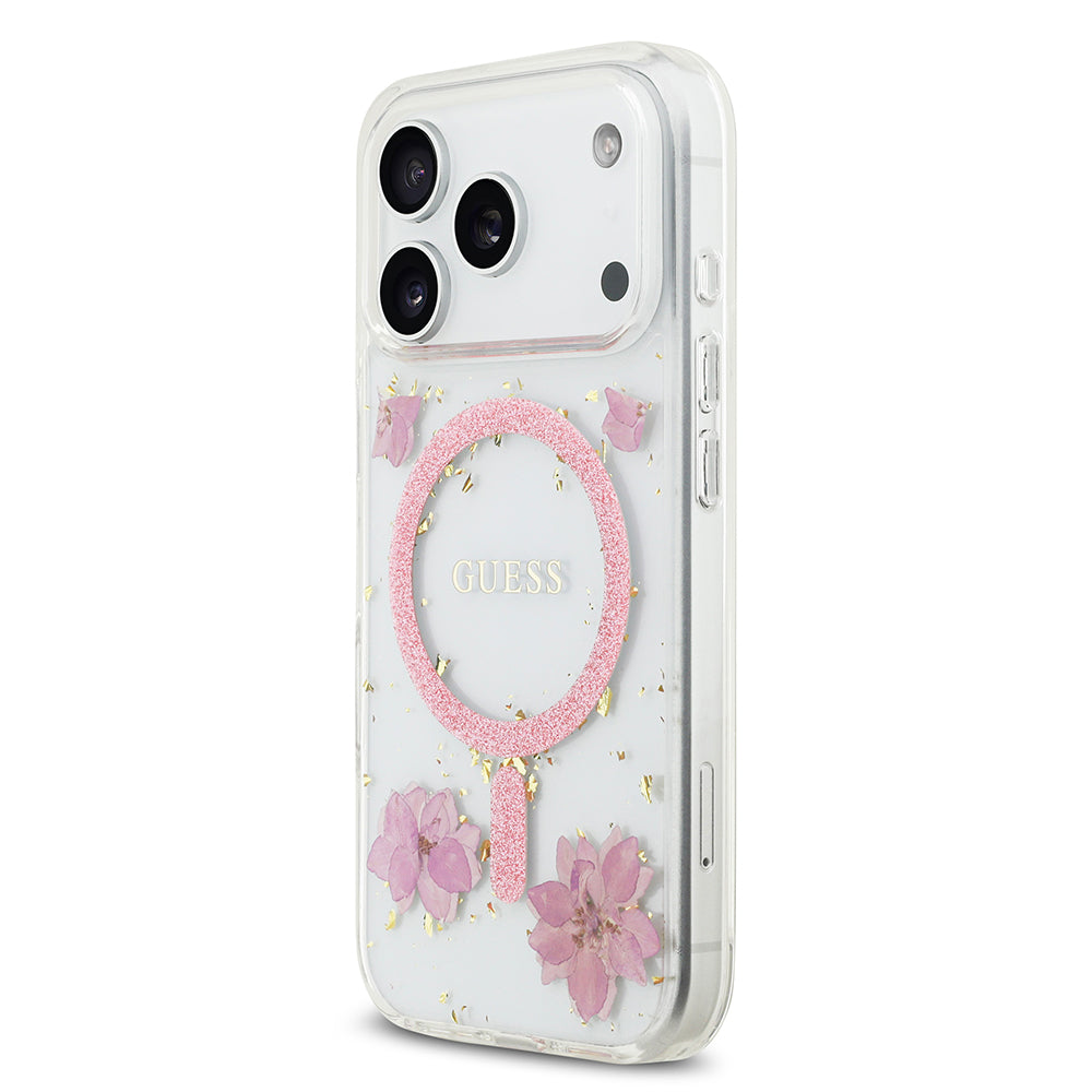 Apple iPhone 17 Pro Kılıf Guess M-safe Şarj Özellikli Transparan Resin Flowers Kapak Pembe