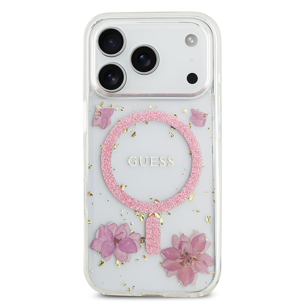 Apple iPhone 17 Pro Kılıf Guess M-safe Şarj Özellikli Transparan Resin Flowers Kapak Pembe