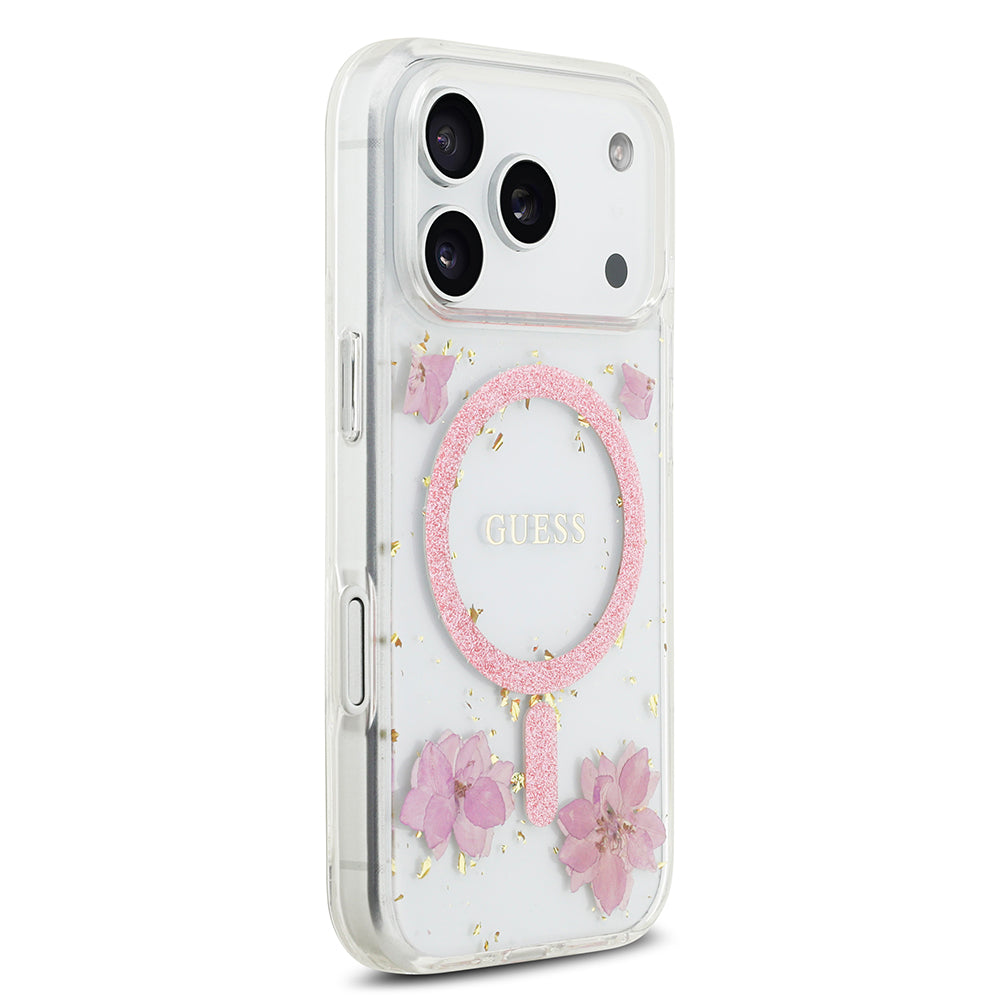 Apple iPhone 17 Pro Kılıf Guess M-safe Şarj Özellikli Transparan Resin Flowers Kapak Pembe