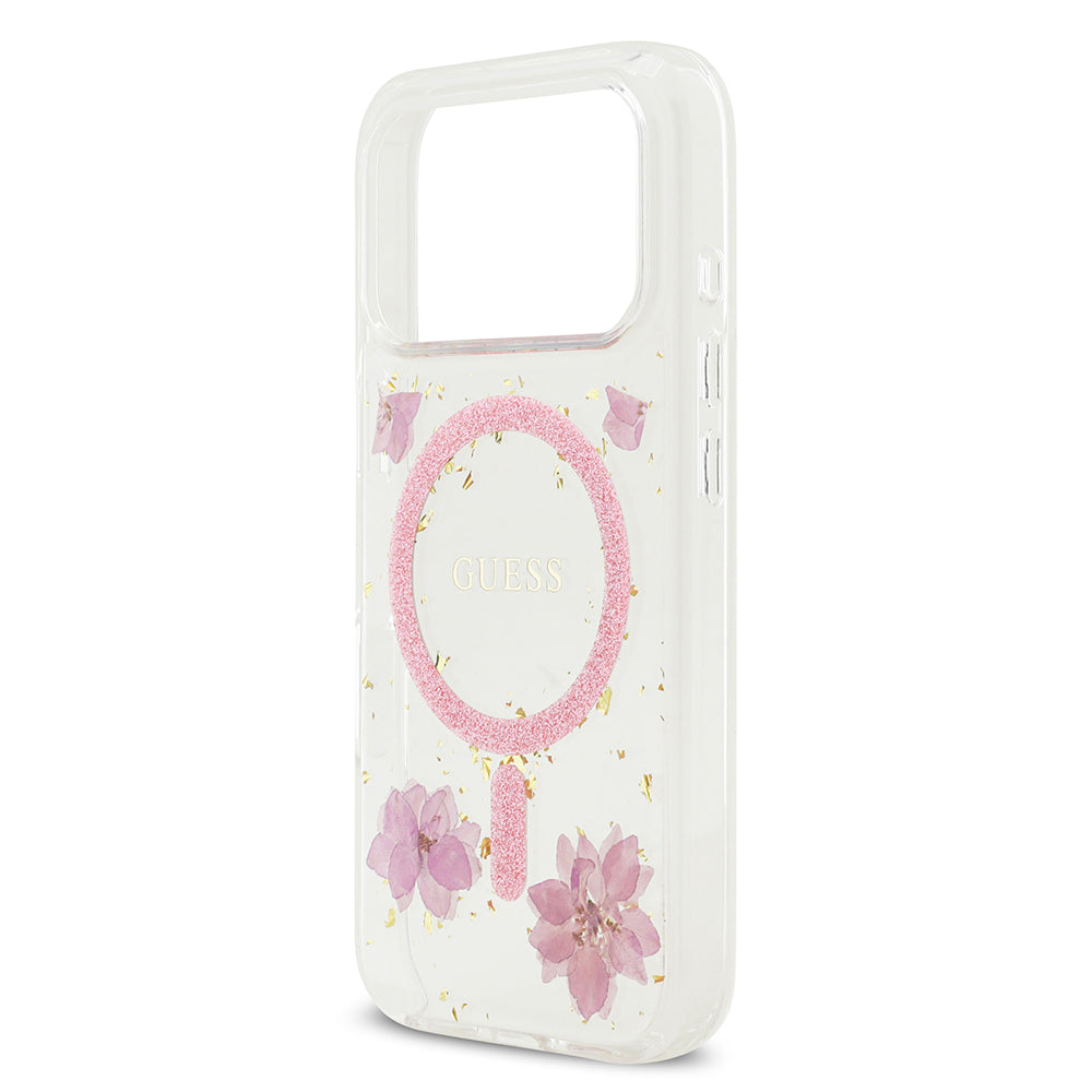 Apple iPhone 17 Pro Kılıf Guess M-safe Şarj Özellikli Transparan Resin Flowers Kapak Pembe